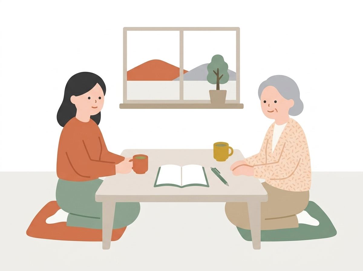 親子でお茶を飲みながら話す様子のイラスト