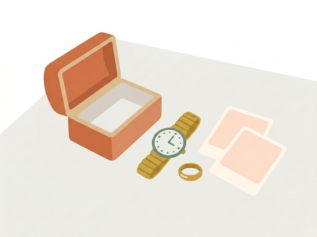 形見の小箱と時計・指輪のイラスト