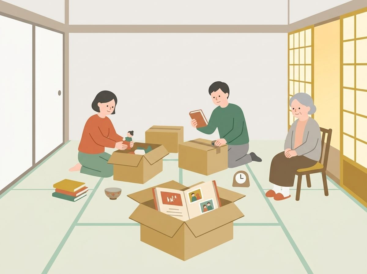 家族で実家を片づける様子のイラスト