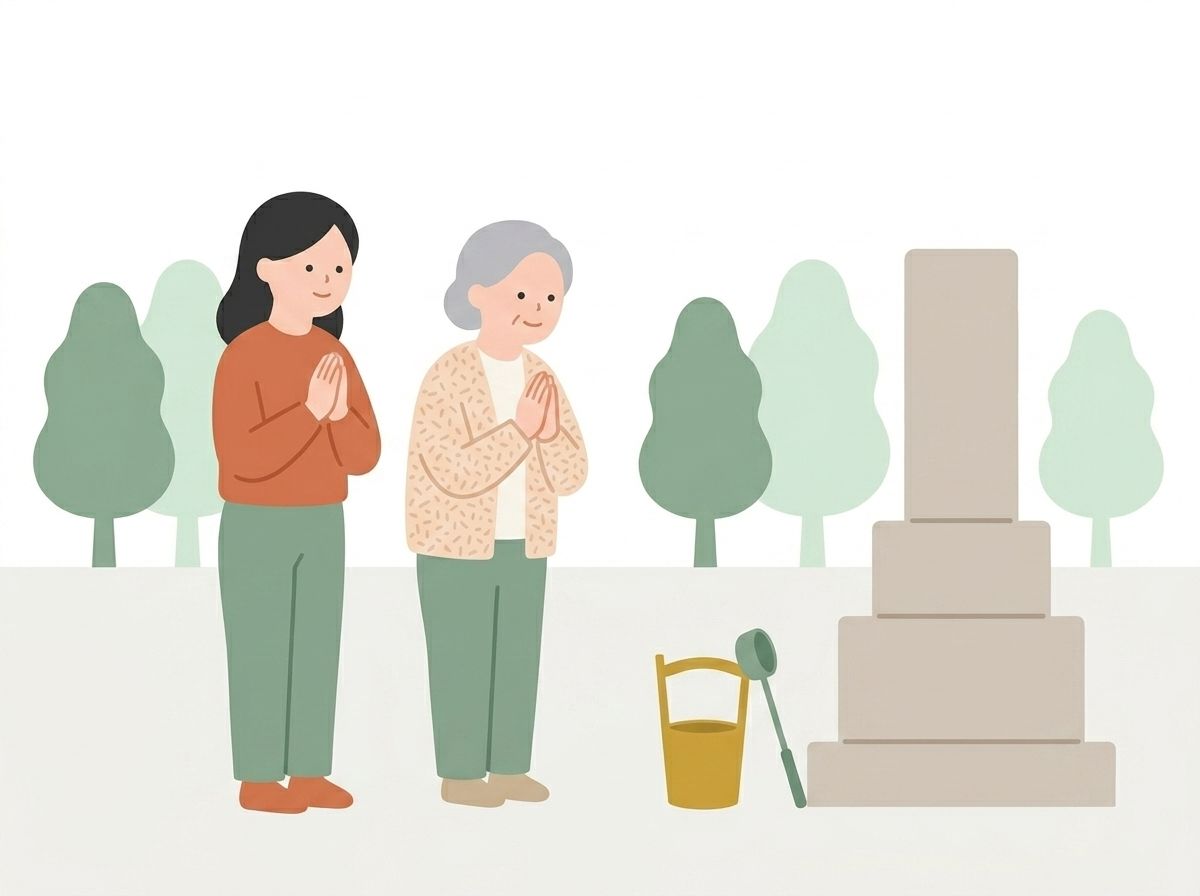 親子でお墓参りをする様子のイラスト
