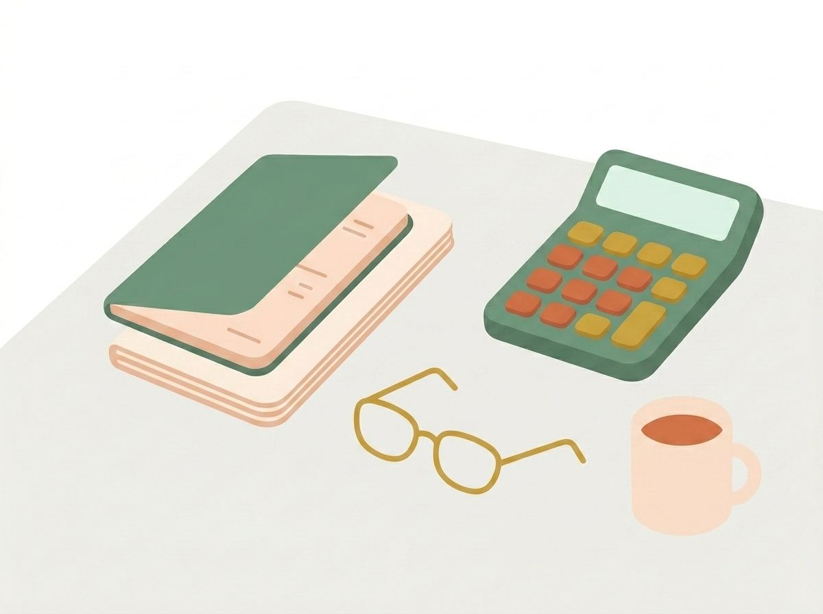 通帳と電卓でお金を確認するイメージイラスト